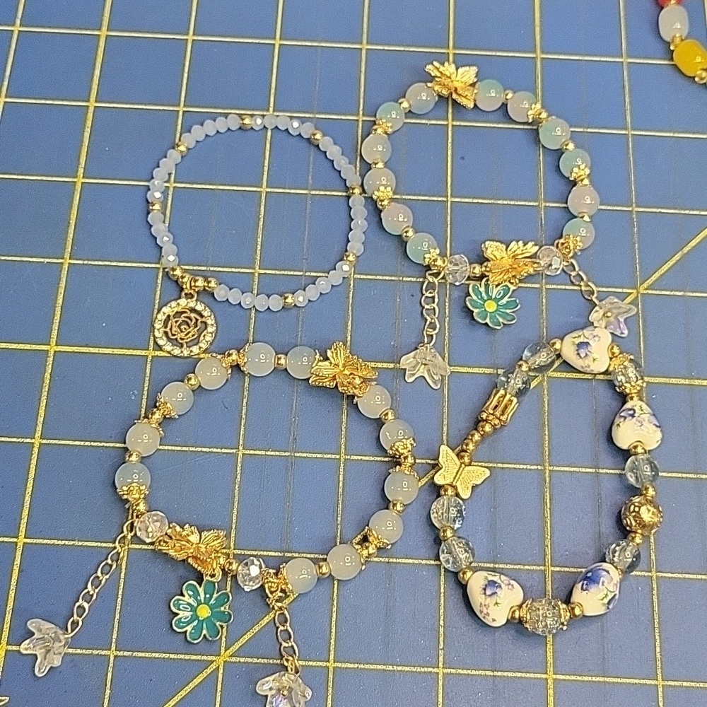 Gold Tone Blue Butterfly Bead 8" Stretch Bracelet Set of 4